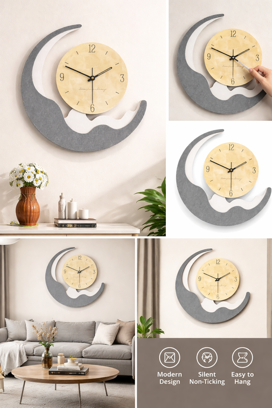 Luna Arc modern wall clock side profile view, crescent design, by Dekor-Nook Australia